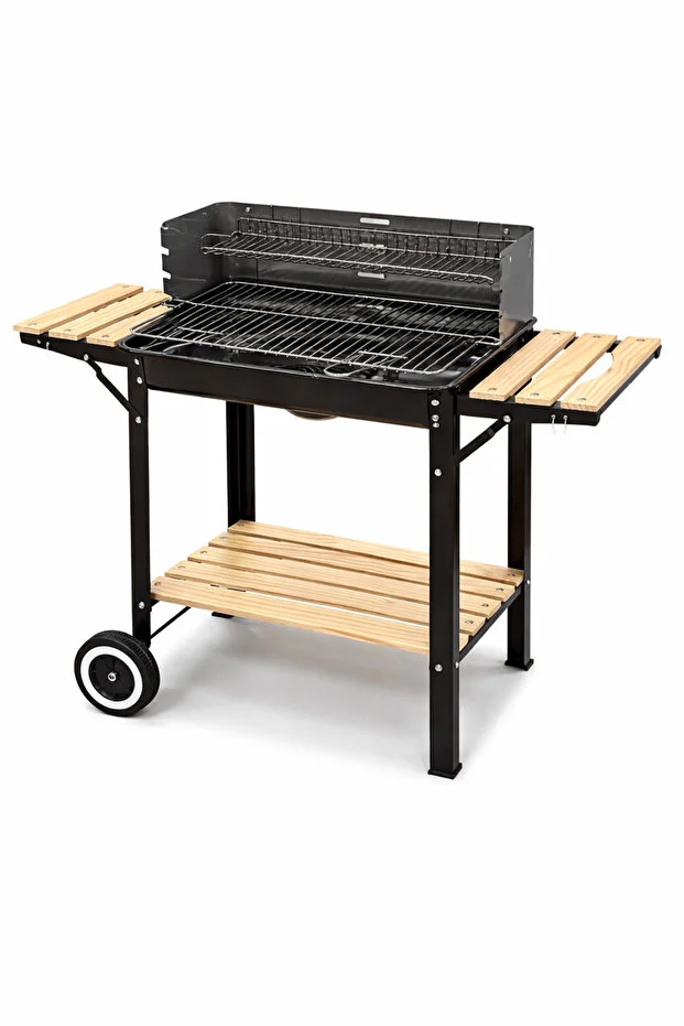 Tekerlekli Mangal Iki Ahşap Sehpalı Raflı 4 Adet Kancalı Kömürlü Mangal 94x85cm